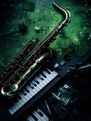 Obraz premium Abstract montage of musical instruments like piano or saxophone as background for jazz concert or music club.