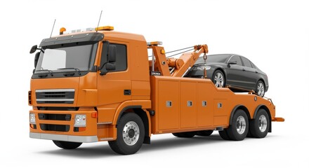 Orange winch truck lifting a silver car against a white background, showcasing vehicle recovery services - winch truck