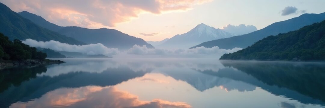 Misty morning at a serene lake in the mountains of Galapagos, morning, serene