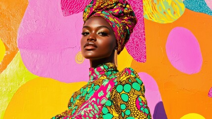 Portrait of a young african woman wearing a colorful head wrap. the head wrap is made up of a vibrant pattern of pink, yellow, green, and blue flowers and leaves.