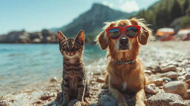 joyful family summer holiday adventures with cat and dog pets exploring outdoor lifestyle vacation trip travel beach fun playful friendship happiness and nature getaway