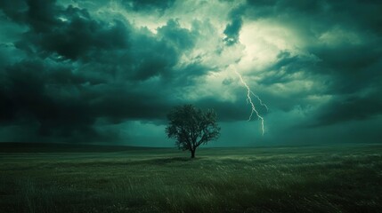Fototapeta premium Lone tree in a dramatic stormy landscape with lightning strike.