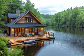 Obraz premium Rustic Lakeside Cabin With Wooden Deck At Dusk