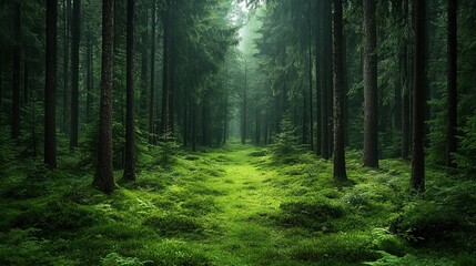 Fototapeta premium Pine Forest Pathway Walking Through a Serene Green Wonderland
