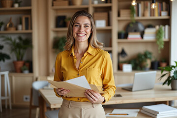 Young Beautiful Woman in Yellow Shirt Smiling at Camera in Modern Office
