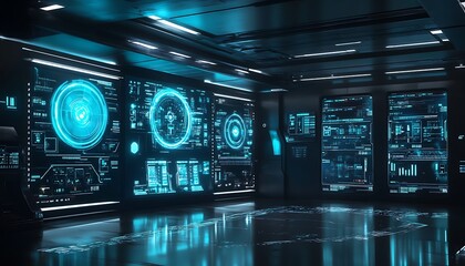 Futuristic AI Control Center: A digital control center powered by AI with floating holographic data panels
