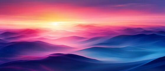 Sunrise over misty, colorful mountains