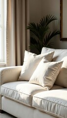 Plush white couches with elegant throw pillows, Comfort, Wealthy ambiance