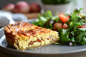 Close-up of warm Quiche Lorraine slice with crisp salad in a modern kitchen
