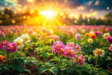 Fototapeta premium Potatoes sprout fantastical flowers: a captivating double exposure image.