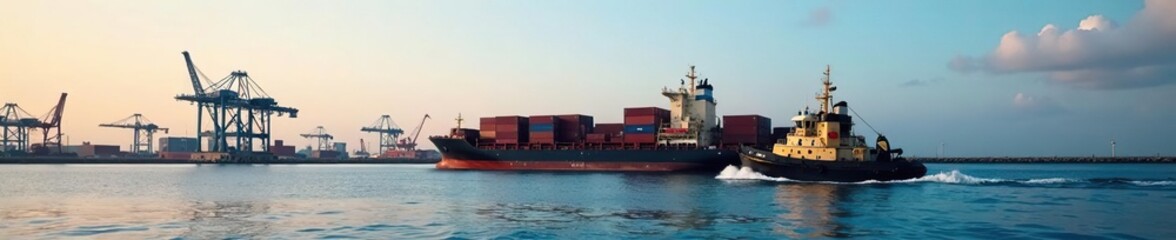 Fototapeta premium Tug boat steering container ship alongside pier, maritime, tugboat