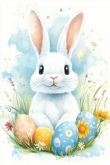 Obraz premium Cute rabbit surrounded by colorful Easter eggs and flowers. .