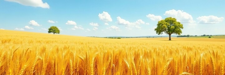Naklejka premium Golden wheat or barley fields in full sun with a few scattered trees nearby, open space, wheat