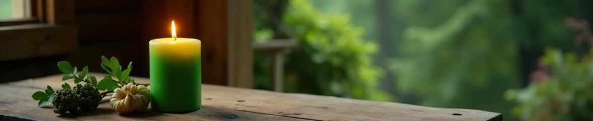 Fototapeta premium Green candle sits on rustic wooden table with bottle of wine, nature-inspired, cozy cabin