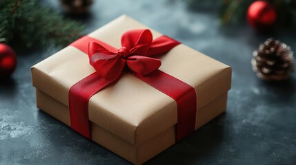 elegant gift box wrapped with red ribbon and bow on white surface with copy space