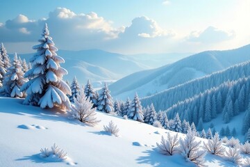 A frosty landscape with trees and hills covered in snow, peaceful, hills, serene