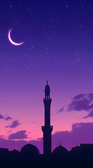 A purple sky with a crescent moon and a mosque minaret
