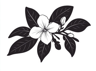 Fototapeta premium Black vector graphic of a jasmine flower with leaves on a white background.
