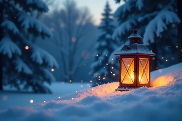 Snowflakes dance around a festively lit lantern placed on a snowy hillside, winter wonderland, peaceful scene