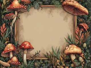 Mushroom Frame in Forest, Nature Background