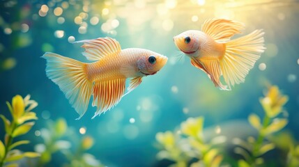 Fototapeta premium Golden Betta Fish Couple in Aquarium