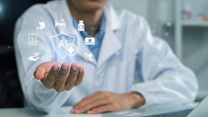 AI-Driven Healthcare and Medical Technology Concept. Doctor using smart medical technology, AI-driven diagnosis, data protection, advanced telemedicine, and healthcare technology