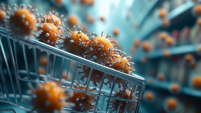Virus Cells in Shopping Cart Surrounded by Blurred Background