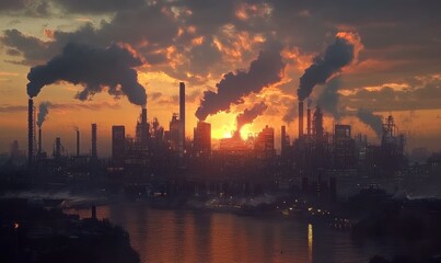 Fototapeta premium Industrial skyline with factories emitting smoke illuminated by a glowing orange sunset creating a dramatic and thought-provoking landscape .