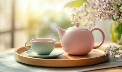 Fototapeta premium Smooth ceramic teapot and cup set in soft pastel tones on a natural wooden tray, perfect for serene tea-time moments.