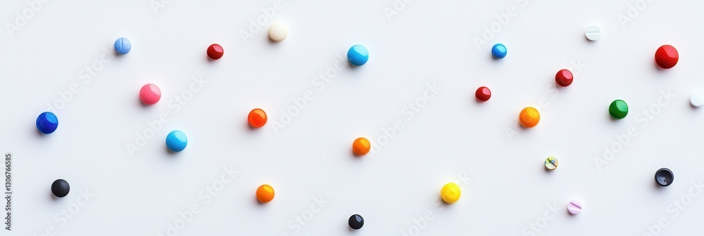 Poster colorful array of capsules on a minimalist background highlighting medical themes and detailed light