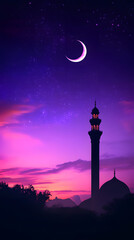 A purple sky with a crescent moon and a mosque minaret
