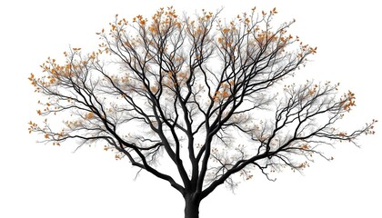 Obraz premium Lone deciduous tree, branches reaching skyward, stark white backdrop, foliage, single