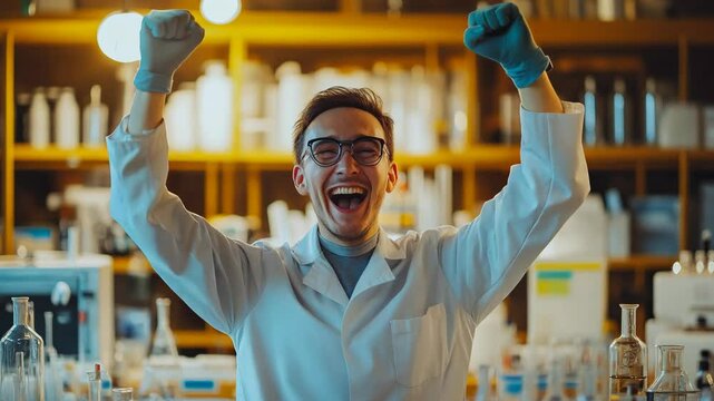 A thrilled scientist in a white coat raises his fists in victory after a groundbreaking scientific discovery