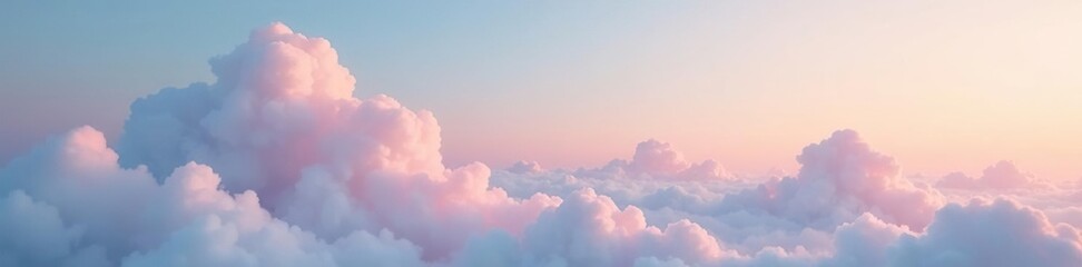 White puffs of cloud drift lazily across a dreamy pastel sky at dusk, soft light, peaceful ambiance