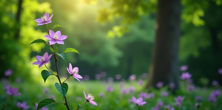 Tall, slender, and woody climbing plant stem with clusters of purple clematis flowers, landscape, clematis, plant