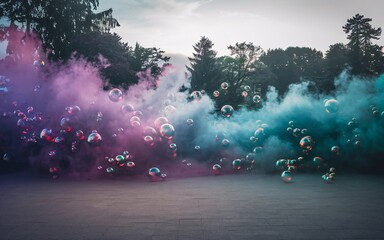 Floating bubbles in colored smoke, park scene