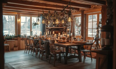 Fototapeta premium Warm rustic dining room with wooden beams, cozy lighting, and a large table set for a family gatherin