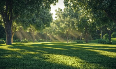 Lush green park with tall trees casting dappled sunlight on the grass, creating a serene and tranquil outdoor atmosphere