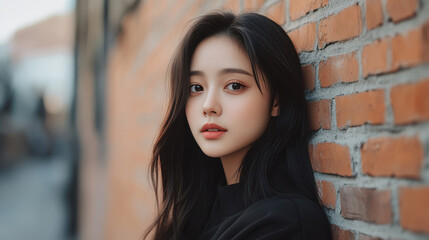 Obraz premium young Asian woman with long black hair poses against brick wall, exuding calm and serene expression.