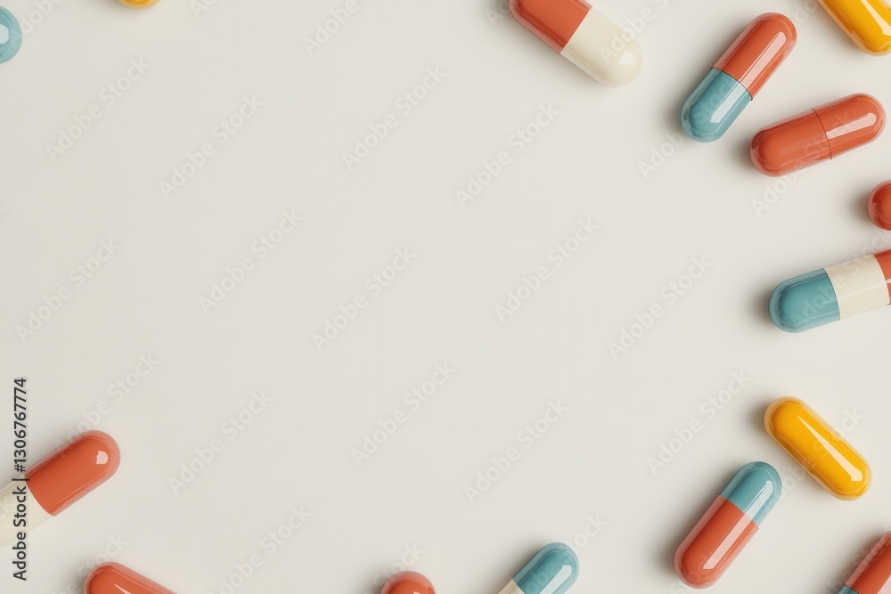 Fototapete Colorful capsules scattered on a minimalist background showcasing medical elements with realistic lighting and balanced composition Generative AI
