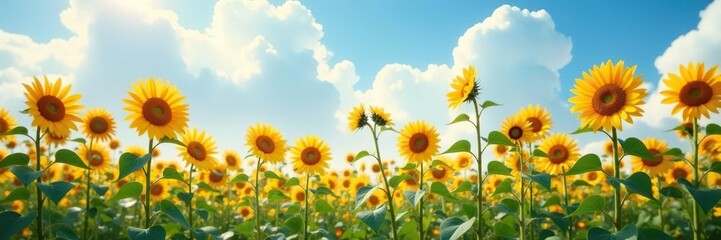 Obraz premium Tall sunflower stalks sway gently in cloudy breeze, tall sunflowers, petals