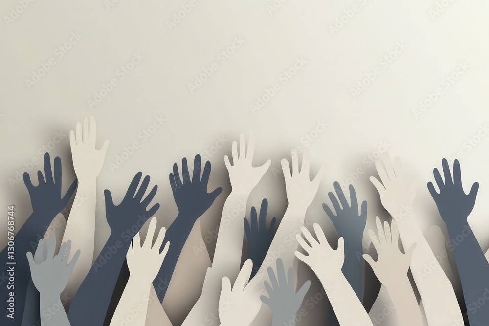 Leinwandbilder Minimalistic flat design with silhouettes of people raising hands in unity on paper art background Generative AI