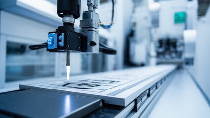 A high-precision robotic arm in a modern industrial setting, focusing on a nozzle dispensing material onto a surface. The image highlights advanced automation technology in manufacturing