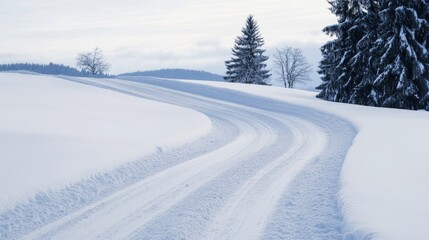 Fototapeta premium Snow-covered winding road through a serene winter landscape with trees and soft clouds