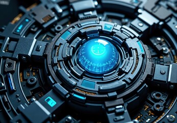 Obraz premium Circular Technological Device with Glowing Blue Orb
