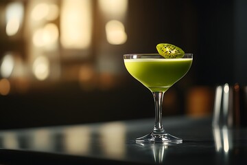 Green cocktail in coupe glass garnished with kiwi.