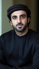 Obraz premium Portrait of a Confident Middle Eastern Man in Traditional Black Attire with Neutral Background