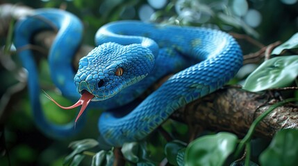 Fototapeta premium Vibrant Blue Snake in Lush Tropical Foliage