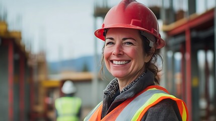 Fototapeta premium professional female construction worker wearing safety vest and hard hat on site smiling representing engineering project workforce safety career development and industrial labor
