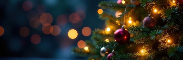 Fototapeta premium Dazzling lights illuminate the Christmas tree's shape, spruce branches, festive colors